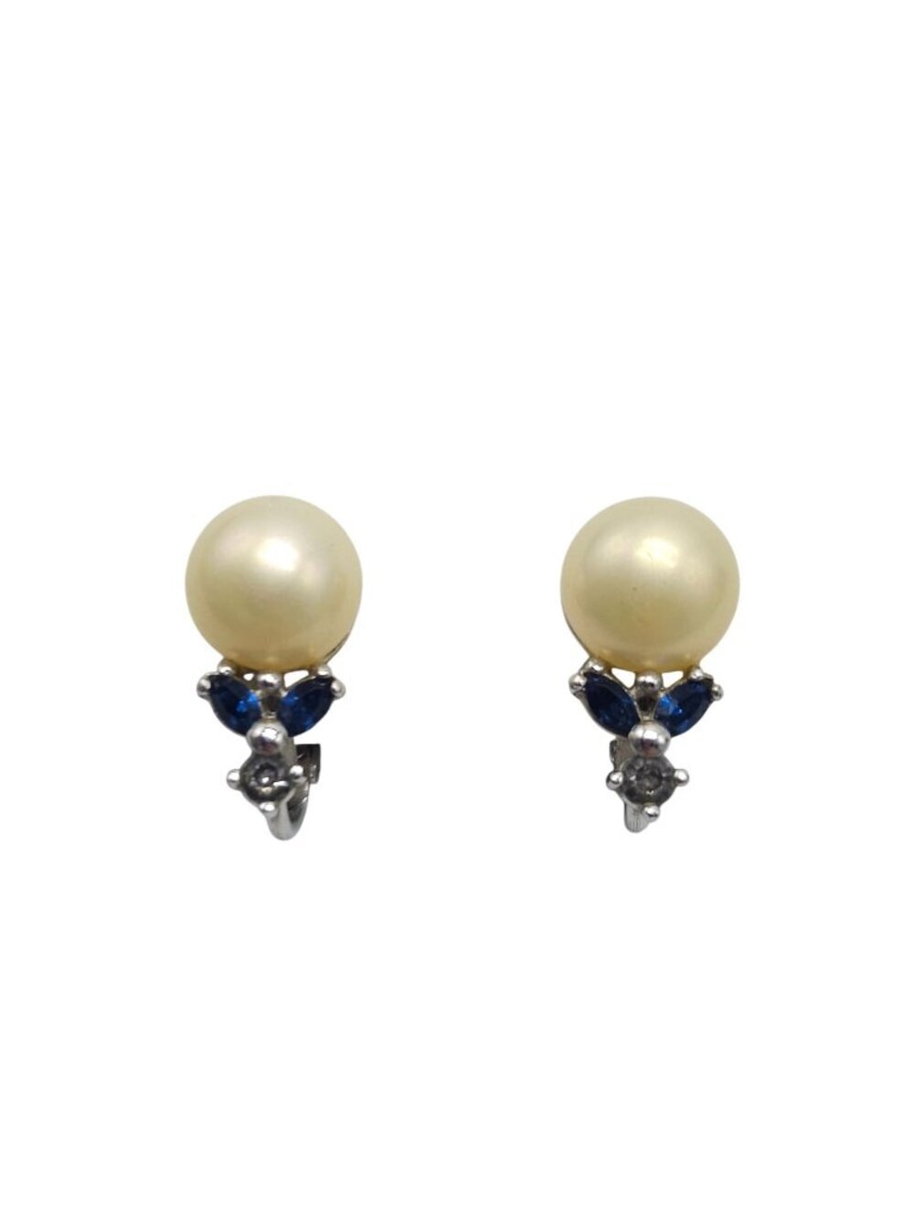 Vintage Faux Pearl Clip On Earrings Blue Rhinestone Silver Tone Accents Elegant
